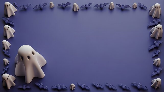 A festive halloween frame made of small white ghost figures and black bats on a dark purple background surface