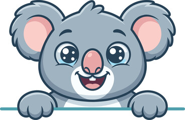 Fototapeta premium Cute cartoon baby koala bear peeking over border with happy smiling face and big sparkling eyes isolated on white background
