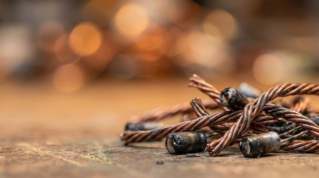 Close up of twisted copper electrical wires with burnt ends on a wooden surface energy storage