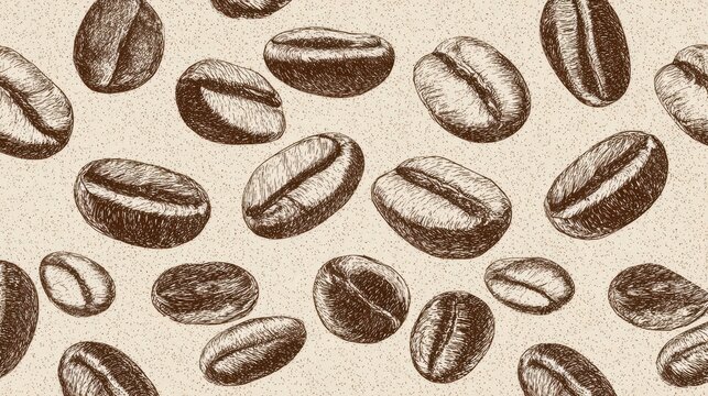 Roasted coffee beans seamless pattern featuring sketch illustrations on textured brown background for cafe branding.