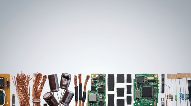 Assortment of electronic components and copper wires arranged on a plain surface