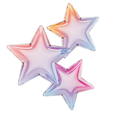 Three glossy five pointed stars with iridescent pastel color gradients isolated on a transparent background