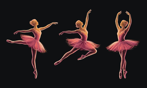 Glowing neon sketch illustration of three elegant ballet dancers performing graceful classical dance poses in pink tutus on black background