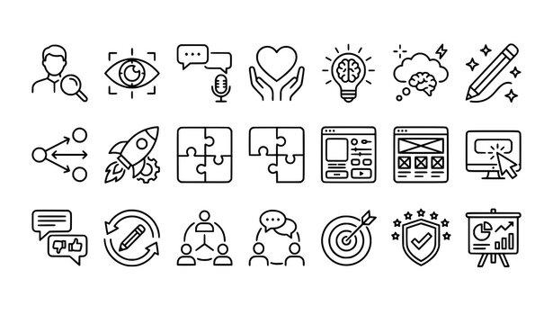 Design thinking process outline icon collection for user research creativity prototyping and innovation