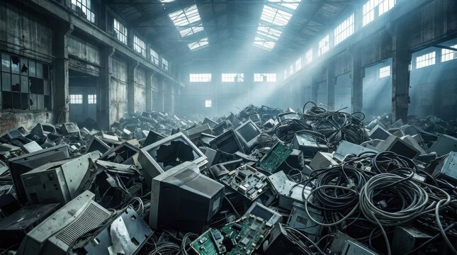 A vast pile of discarded old computer monitors and electronic components inside a decaying industrial warehouse