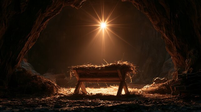 Empty manger in cave with bright star light