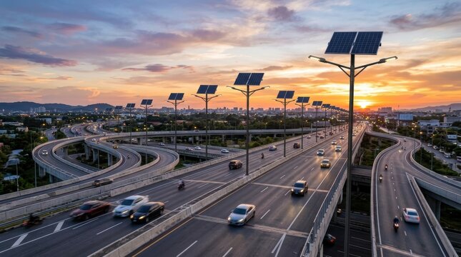 Expansive highway interchange at sunset with solar powered streetlights and city skyline