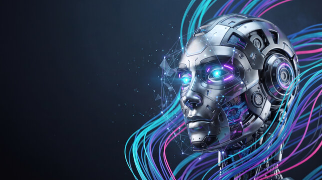 Futuristic metallic cyborg head with glowing eyes and colorful energy waves representing artificial intelligence concept