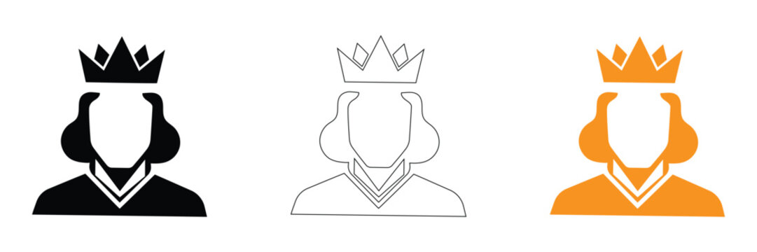Queen crown princess portrait vector icon set in black outline and orange style for royal kingdom majesty empire luxury leader royalty symbol emblem graphic clipart isolated on white background