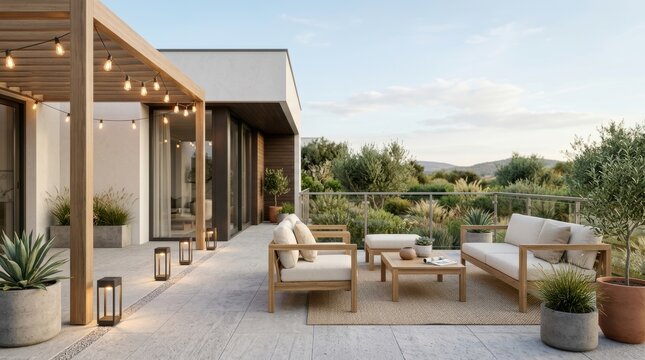 Modern outdoor patio lounge area with wooden pergola and string lights overlooking a lush landscape