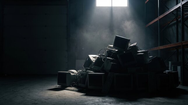 Pile of old computer monitors and keyboards in a dimly lit warehouse with light shafts