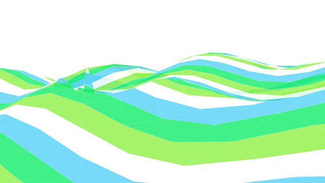 Wavy landscape terrain rendered with bright green and blue triangular segments forming a stylized digital surface