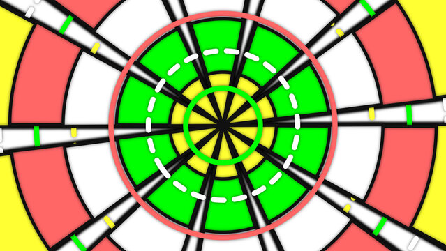 Bright green and yellow radial target design featuring concentric circles with bold segments and dashed lines