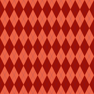 Christmas rhombus seamless pattern. Xmas red plaid texture with gold line. Argyle geometric diamond abstract pattern. Christmas design wrapping bg. Vector illustration isolated on red background.