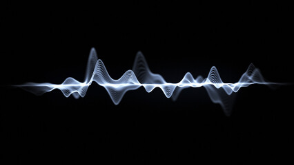 Abstract sound background of white glowing audio waves on black. Digital sound waves, music background, audio waveform and signal. Noise frequency and spectrum, rhythm, pulse, voice and speech © Alesia