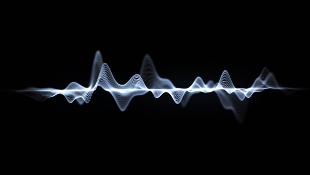 Abstract sound background of white glowing audio waves on black. Digital sound waves, music background, audio waveform and signal. Noise frequency and spectrum, rhythm, pulse, voice and speech