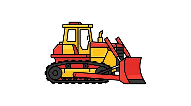 Yellow and red bulldozer construction vehicle isolated on white background.