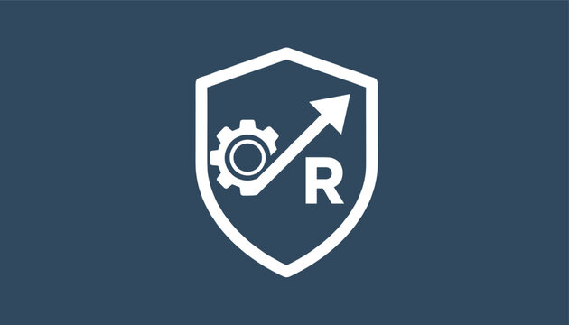 Professional shield logo design in dark blue featuring a cogwheel gear, diagonal arrow, and the letter R.