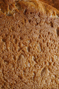 Macro close up of brown bread crumb showing porous texture and baked surface