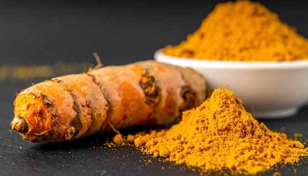Turmeric root and golden turmeric powder scattered on a dark surface