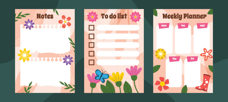 Floral planner layouts with checklist boxes and weekly schedule vector illustration schedule layout organizer stationery