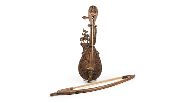 Traditional Serbian Gusle String Instrument with Bow Isolated on White Background
