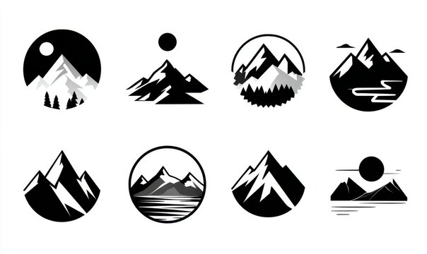 Set of minimalist mountain landscape circular logos and icons in black with mountain landscape silhouette adventure collection minimalist climbing wilderness exploration contrast