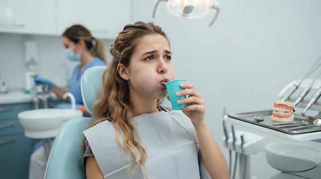 Young girl rinsing mouth with water at the dentist office