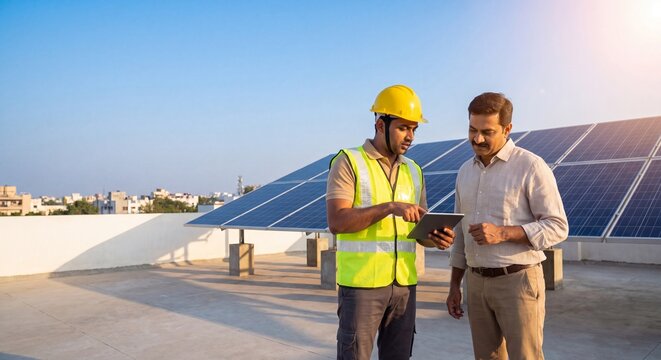 Indian Homeowner and Technician Discussing Rooftop Solar Panel Installation on Digital Tablet