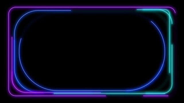 Neon glowing rounded rectangle frame overlay, cyberpunk tech border with blue purple light