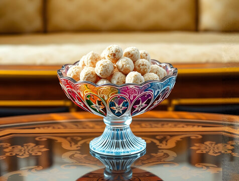 Colorful Crystal Glass Bowl Filled with Traditional Indian Laddus on Ornate Wooden Table