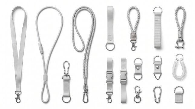 Collection of White Lanyards, Keychains, and ID Badge Straps Mockup Set Isolated on White Background