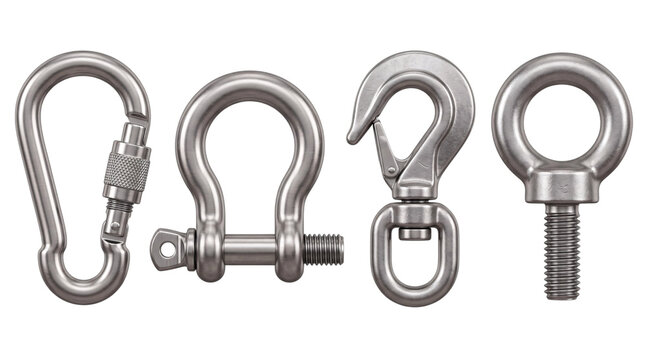 Assortment of four metal hardware connectors: carabiner, shackle, hook, and eye png on isolated transparent background