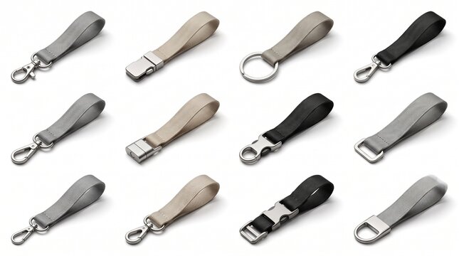Set of 12 Fabric Strap Keychains with Metal Carabiners and Hooks Isolated on White Background