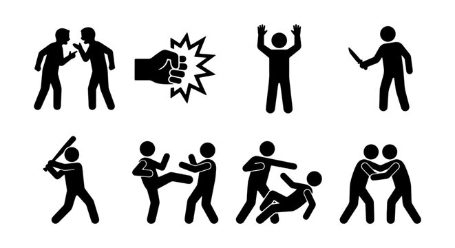 Conflict and Violence Icons: Fighting, Aggression, Combat, Struggle, Dispute, Self-Defense, Attack, Brawl, Stick Fighting, Baseball Bat, Martial Arts, Punch, Grappling, Surrender, Aggressor