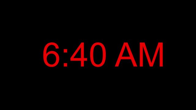 Red Digital Clock Animation Showing Time Changes from Morning to Night on Black Background