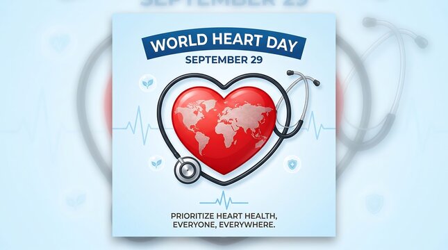 World Heart Day poster with red heart and stethoscope. September 29 medical awareness banner. Global heart health concept with world map.