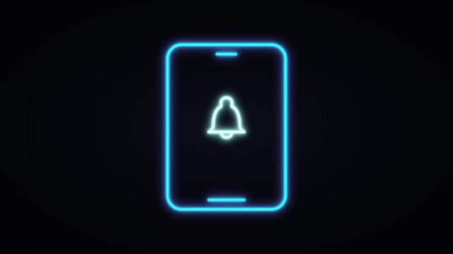 Neon smartphone notification bell icon pulsing alert animation on dark background