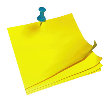 Bright yellow sticky note paper attached with a blue push pin on a flat surface for office reminders and tasks