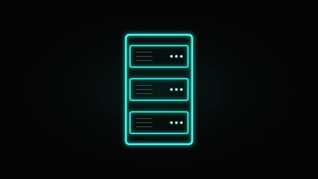 Neon server rack icon animation: digital data center and cloud computing network concept