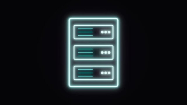 Neon server rack icon animation: digital data center and cloud computing concept