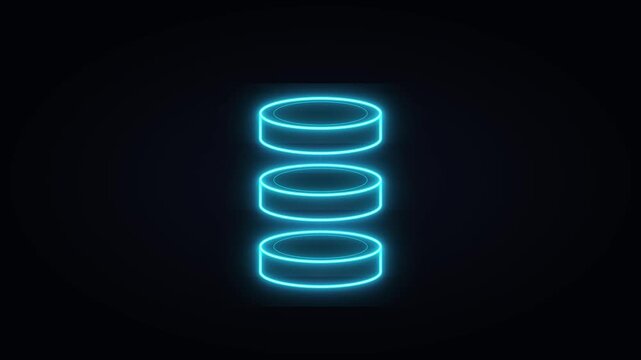 Neon database server icon animation: glowing digital data storage symbol for tech interface