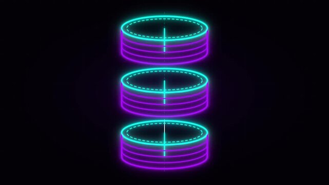 Neon hud loading stack animation, futuristic digital data processing interface glowing