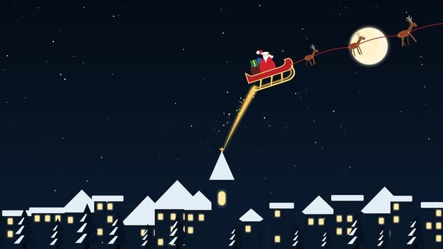 Santa Claus flying over a snowy village under the moonlight.
