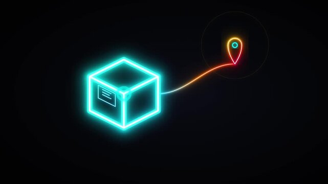 Neon logistics tracking animation: glowing package delivery route and map pin icon