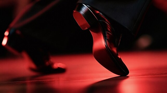 Man's feet in elegant black leather shoes moving rhythmically, creating dynamic motion and passion on a vibrant red stage floor under dramatic lighting