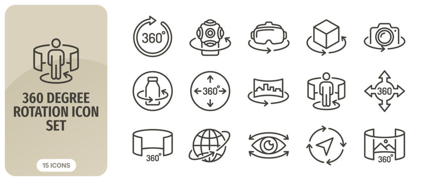 Set of 360 degree rotation icons, virtual reality, panoramic view, interactive media, and spherical photography symbols for web and mobile application design