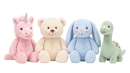 Four colorful plush toys: pink unicorn, cream bear, blue bunny, green dinosaur png on isolated transparent background © PNG Studio 99