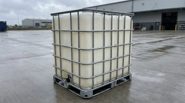 Large plastic water tank in a metal cage sitting on a wooden pallet outside a warehouse building site. ibc container