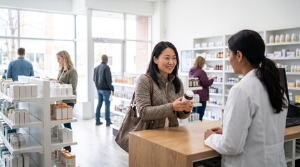 Fototapeta premium Customer consults with pharmacist at checkout counter holding a bottle of medication in a modern pharmacy